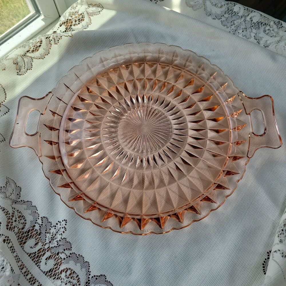VTG Jeanette Depression Glass Pink Windsor Cake Plate Handles Starburst Diamond